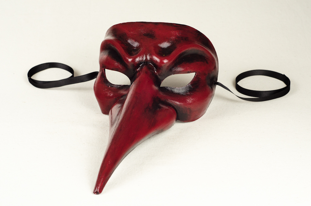 Venetian mask for sale: Red and black long nose mask